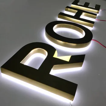 3D Огледални букви с осветление във формата на златен ореол SUS с акрил отзад за постери на витрините на магазини, светещи табели