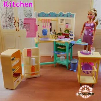 За Кукли Барби Мебелни Аксесоари Пластмасова Играчка Кухненски Кът Хладилник, Маса, Чиния и Прибори за готвене Iron Подарък на едно Момиче САМ на Едро